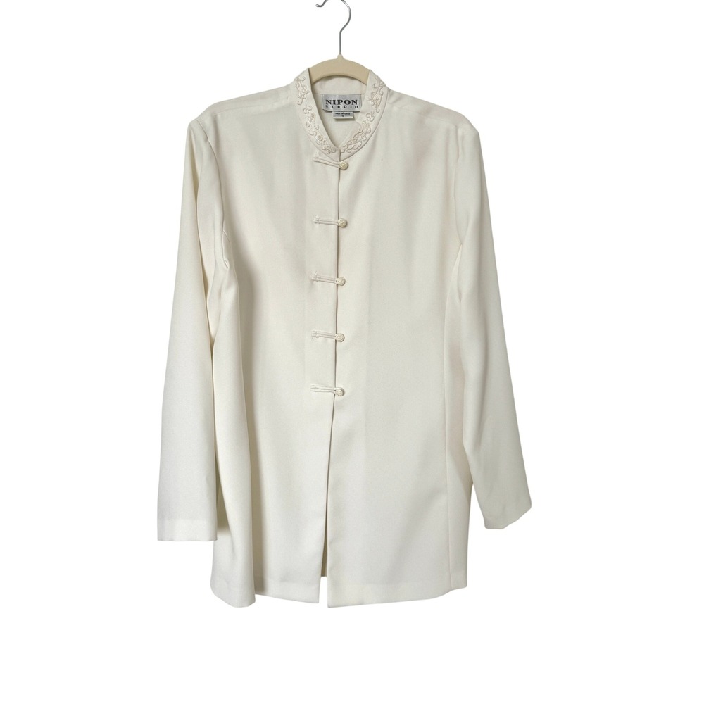 Nipon Studio Vintage Ivory Mandarin Collar Jacket Beaded Frog Closure